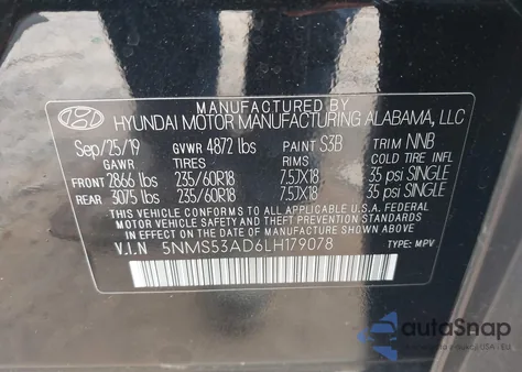 2020 Hyundai Santa Fe Limited из США, поврежденный, VIN 5NMS53AD6LH179078